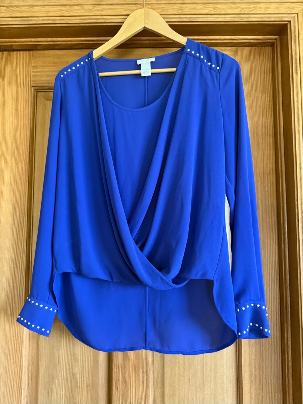 Cache Royal Blue Draped Long-Sleeve Blouse with Stud Details